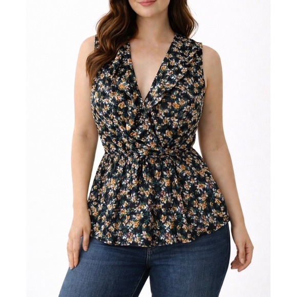 Max Studio Tops - Romantic Boho Floral Ruffle Plunge Blouse Size 2X Soft Drape Femme Chic Wear